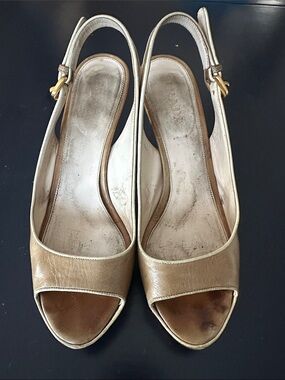 Prada Metallic Gold Brown Peep-Toe Slingback Heels